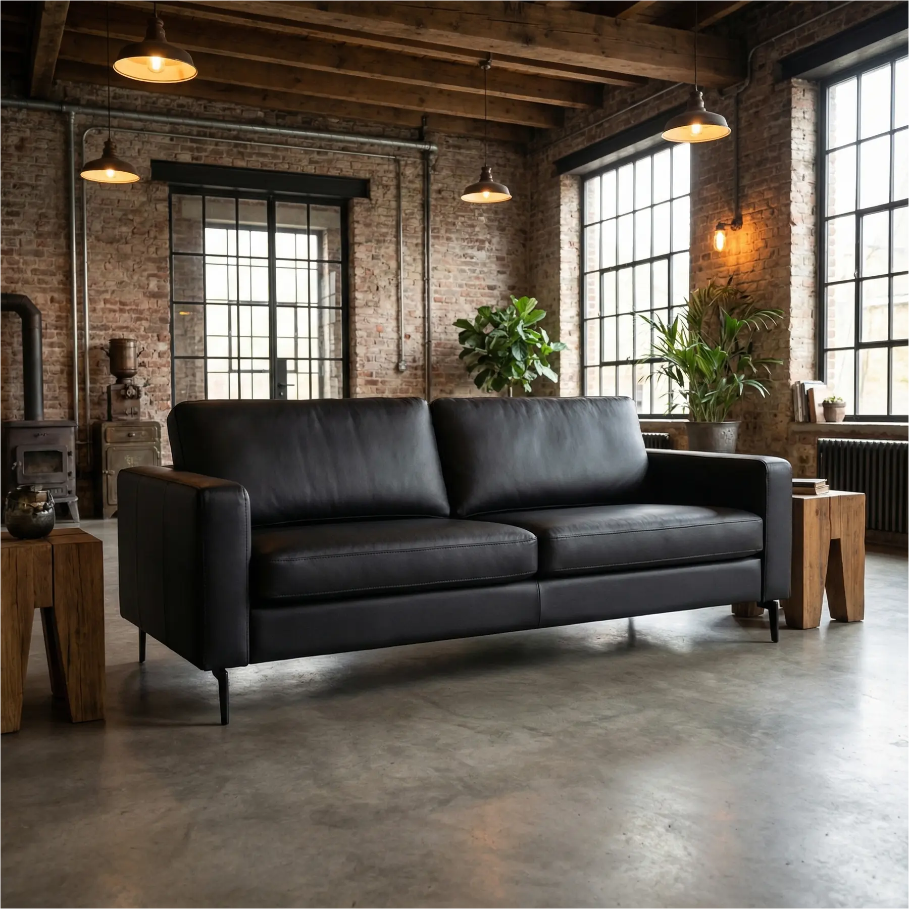 afbeelding van Leren bank Match - 3 zits - Toledo Nero (zwart) - Poten staal zwart